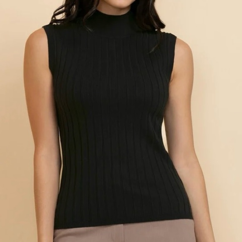 Linea Bosh Knit-Mock Neck Sleeveless Tank~Size M~Black~Ribbed Fabric